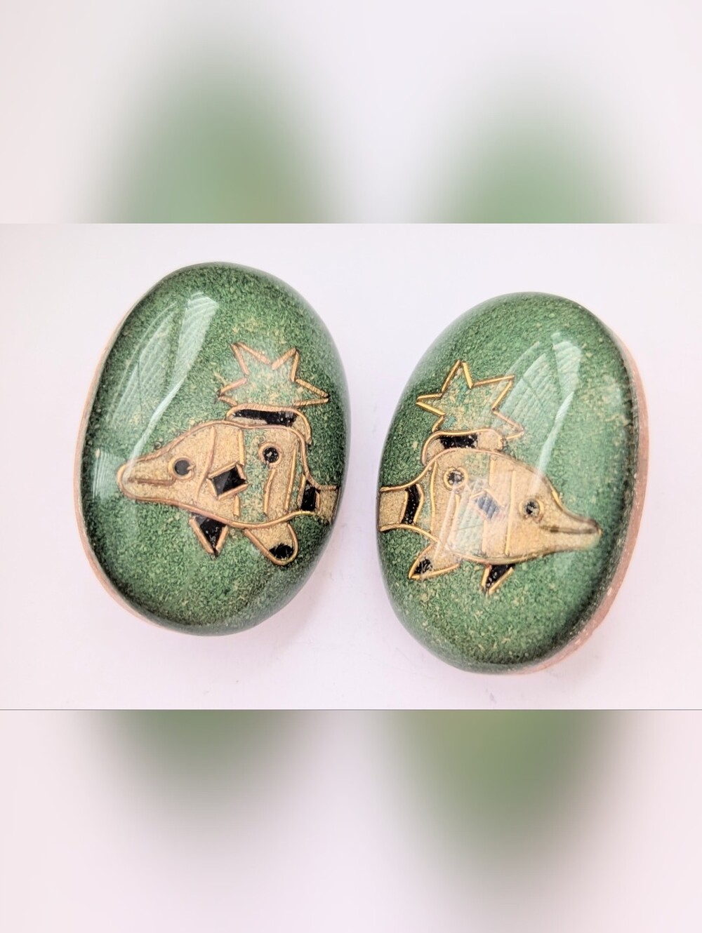 Oval Shaped Green and Gold Clip-On Earrings with Fish Motif